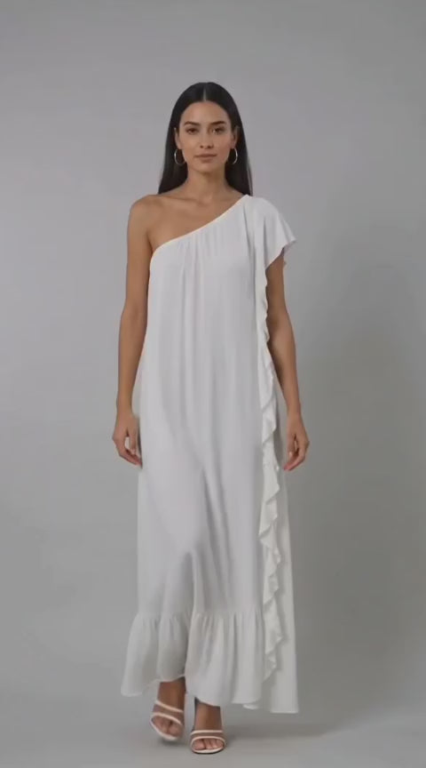 One-Shoulder Ruffle Rayon Crinkle Maxi Dress