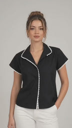 Women’s Black Cotton Contrast Trim Collared Top