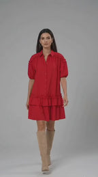 Ruffle Frill Trim Cotton Poplin Shift Dress