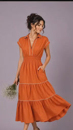 Rust Orange Cotton Tiered Midi Dress