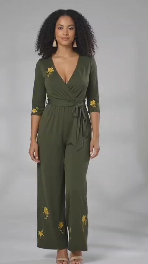 Floral Embellished Cotton Jersey Jumpsuit