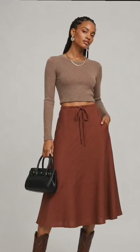 Rust Drawstring A-Line Midi Skirt