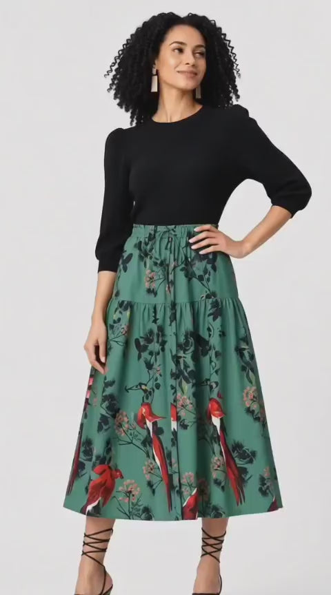 Sage Green Botanical Print Tiered Midi Skirt