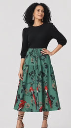 Sage Green Botanical Print Tiered Midi Skirt