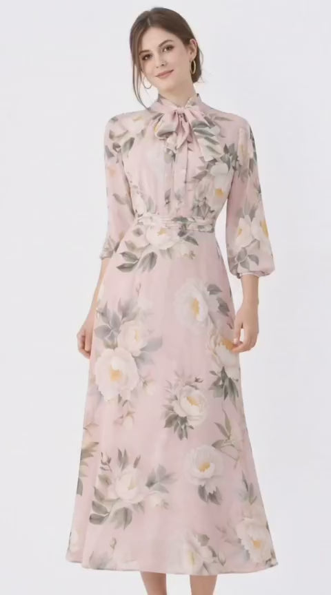 Blush Floral Tie-Neck Midi Dress