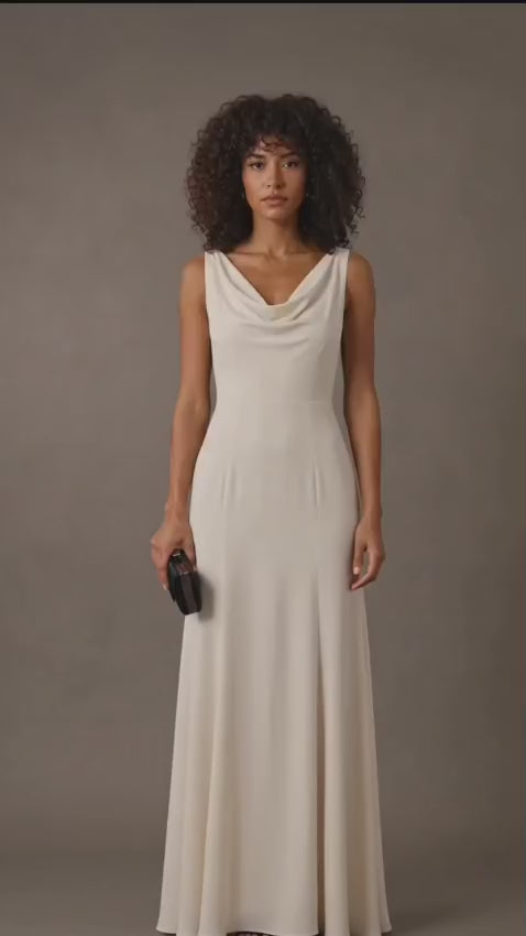 Ivory Satin Crepe Draped Cowl Neck Maxi Dress