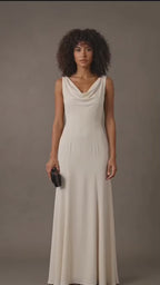 Ivory Satin Crepe Draped Cowl Neck Maxi Dress
