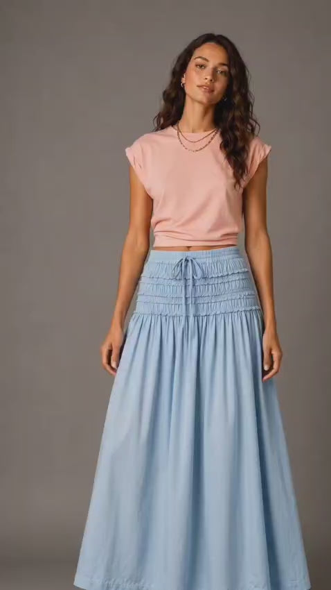 Sky Blue Smocked Cotton Maxi Skirt