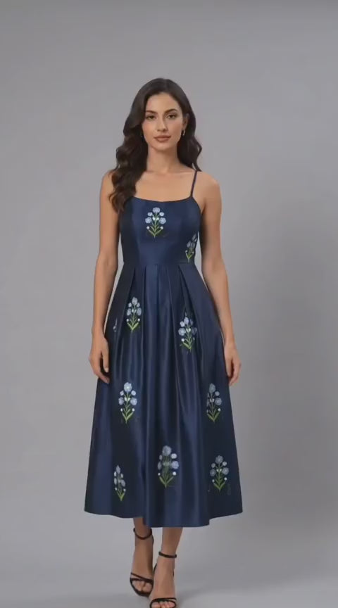 Floral Embroidered Satin Midi Dress