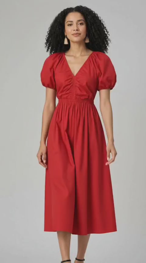 Puff Sleeve Cotton Poplin Elastic Ruched Dress