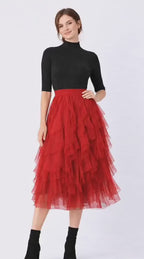 Raw Edge Ruffle Asymmetric Layer Sheer Mesh Skirt