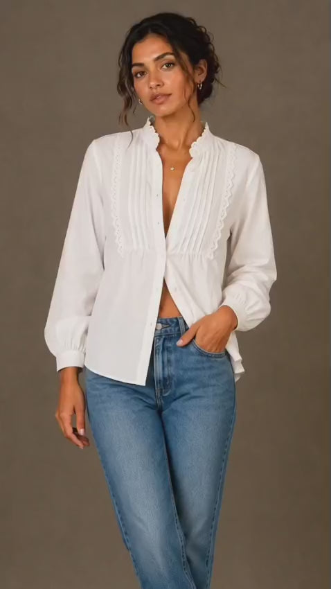 White Cotton Pintuck Detail Ruffle Collar Button-Front Shirt