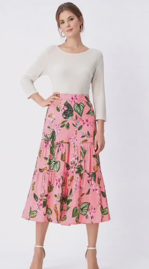 Floral Print Cotton Sateen Tiered Midi Skirt