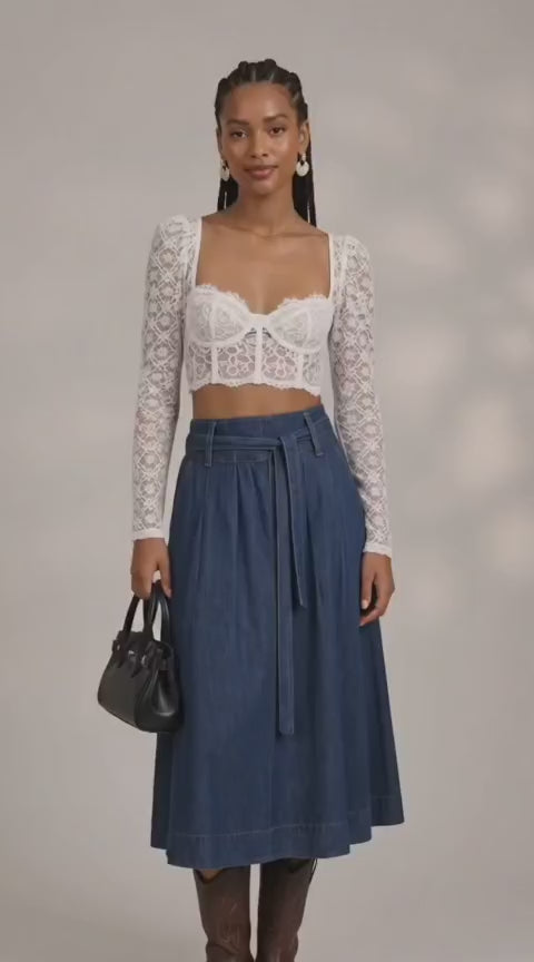 Blue Belted Denim Midi Skirt