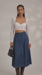 Blue Belted Denim Midi Skirt