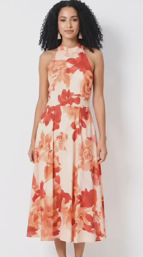Rose Print Crepe Halter Dress