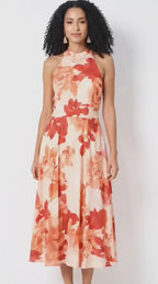 Rose Print Crepe Halter Dress