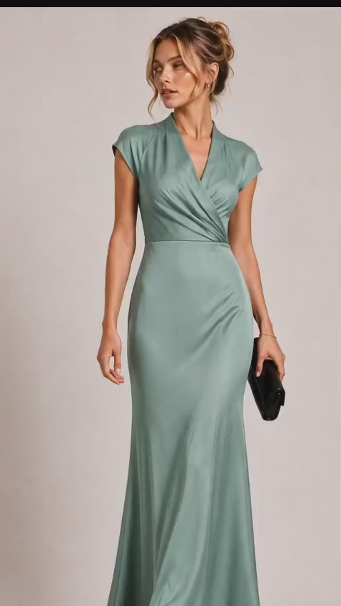 Sage Green Crepe Elegant Draped Waist Maxi Dress