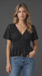 Black Cotton Eyelet Lace Peplum V-Neck Short Sleeve Top