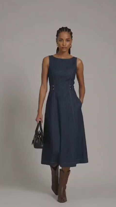 Indigo Denim Look Sleeveless Midi Dress