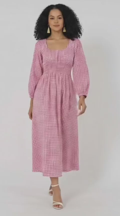 Puff Sleeve Gingham Check Cotton Elastic Waist Dress