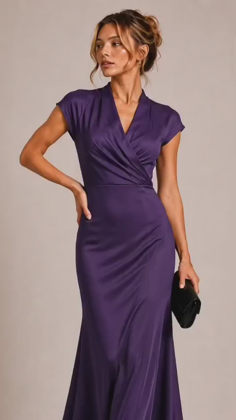 Purple Crepe Wrap-Style Maxi Dress with Short Sleeves
