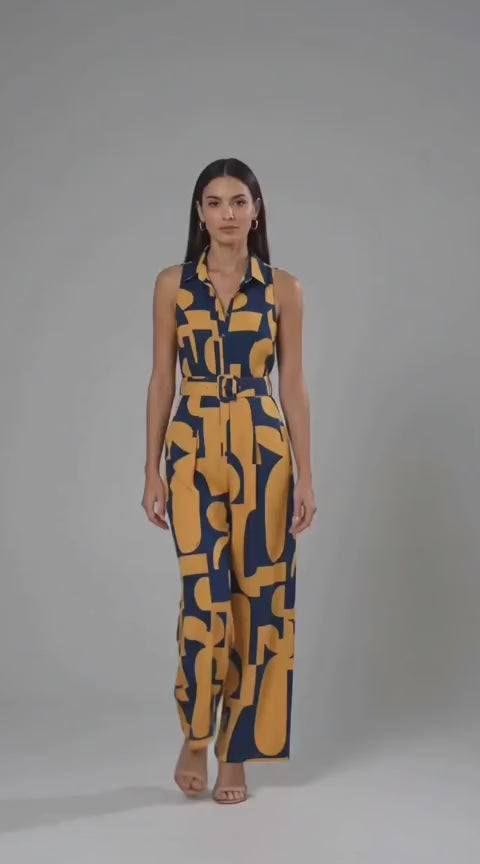 Abstract Print Crepe Belted Palazzo Jumpsuit