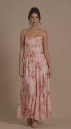 Strapless Floral Chiffon Corset Maxi Dress