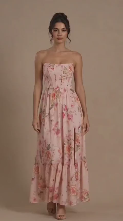 Strapless Floral Chiffon Corset Maxi Dress