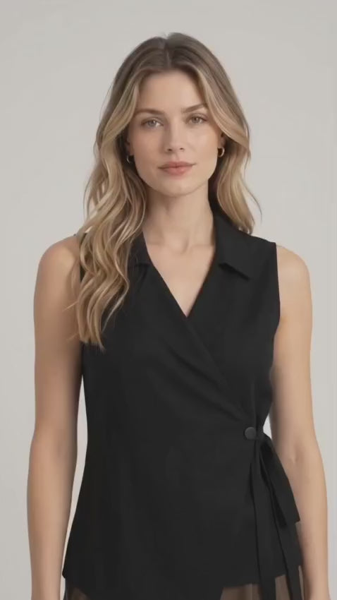 Women’s Black Cotton Wrap-Style Sleeveless Top