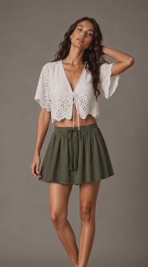 Olive Cotton Gathered Mini Skirt