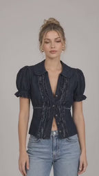 Women’s Dark Blue Denim Puff Sleeve Peplum Top