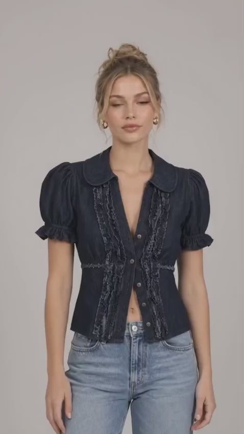 Women’s Dark Blue Denim Puff Sleeve Peplum Top