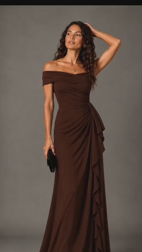 Chocolate Brown Crepe Off-Shoulder Draped Maxi Dress with Ruffle Detail