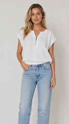 White Cotton Linen Ruffle Trim Zip Front Relaxed Fit Top