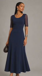 Navy Blue Satin Crepe A-Line Midi Dress with Sheer Sleeves