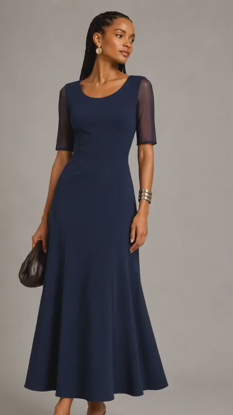 Navy Blue Satin Crepe A-Line Midi Dress with Sheer Sleeves