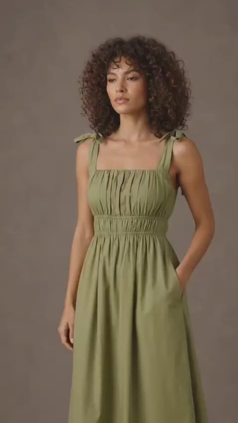 Olive Green Cotton Smocked Midi Dress