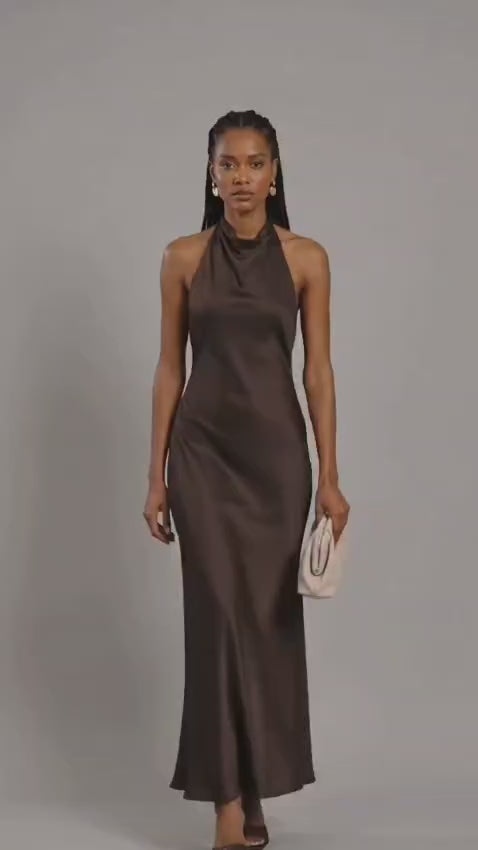 Chocolate Brown Viscose Halter Maxi Dress
