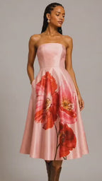 Pink Floral Dupioni Fit & Flare Midi Dress