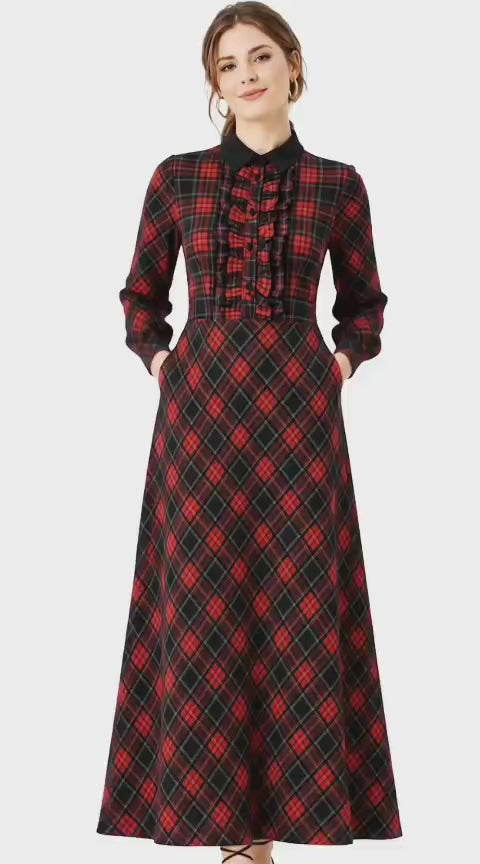 Ruffle Check Print Crepe Maxi Shirtdress