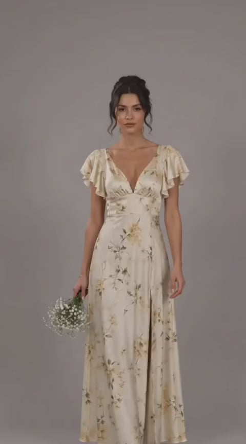 Floral Satin Flutter Sleeve Maxi Dress