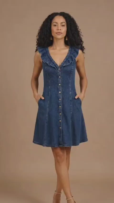 Indigo Denim Ruffle Fit & Flare Mini Dress