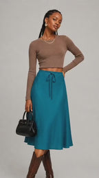 Teal Drawstring A-Line Midi Skirt