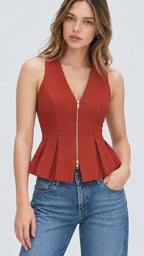 Women’s Red Polyester Peplum Zip-Up Top