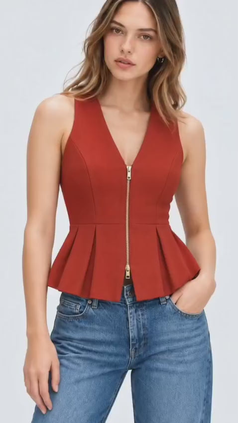 Women’s Red Polyester Peplum Zip-Up Top