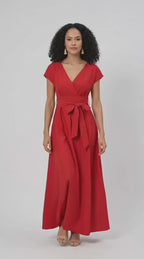 Sash Tie Dupioni Surplice Maxi Dress