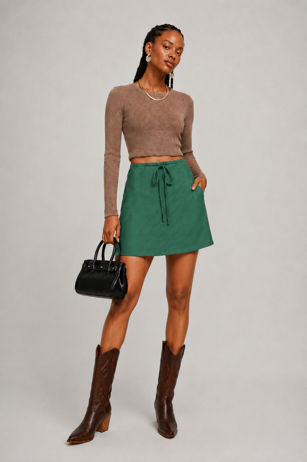 Emerald Green Drawstring A-Line Midi Skirt