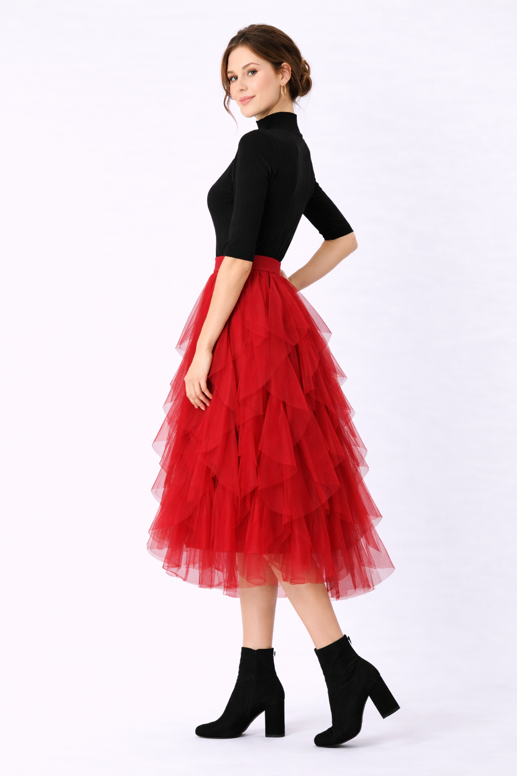 Raw Edge Ruffle Asymmetric Layer Sheer Mesh Skirt