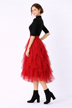 Raw Edge Ruffle Asymmetric Layer Sheer Mesh Skirt